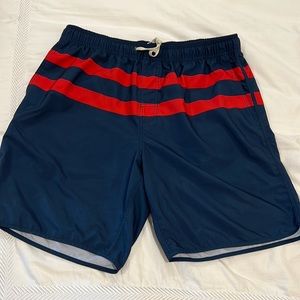 Men’s Fair Harbor red and blue lined swim trunks, XL